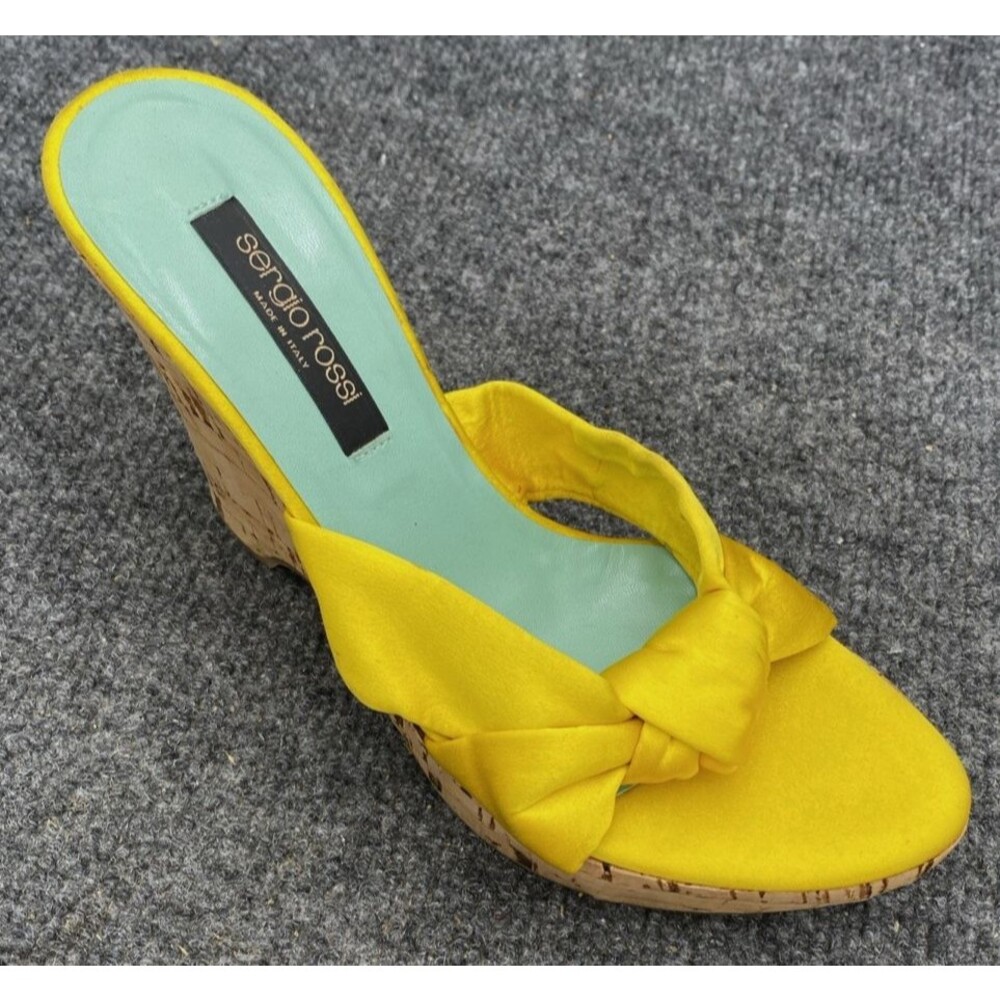 Sergio Rossi Yellow Satin Cork Wedge Sandals Size 35 Made in Italy Platform Heel